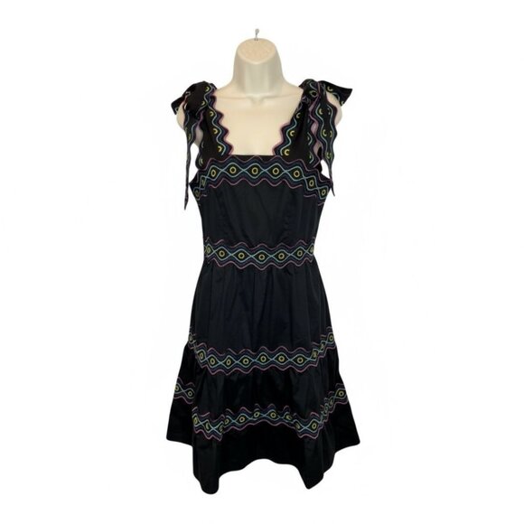 CeliaB Umi Black Tie Shoulder Embroidered Ruffle Midi Dress NWOT - Size S - Picture 1 of 11